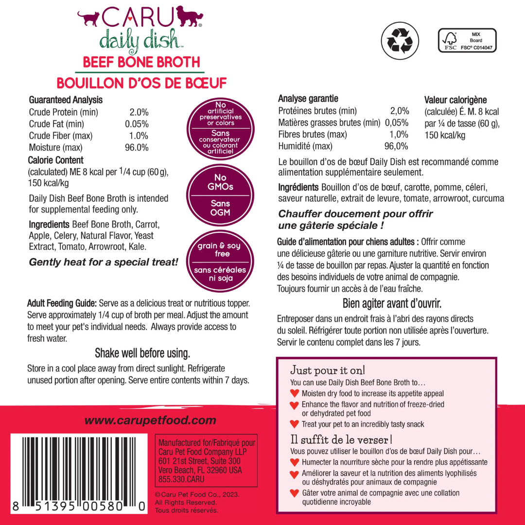 Caru Daily Dish Dog and Cat Food Toppers - Daily Dish Beef Bone Broth