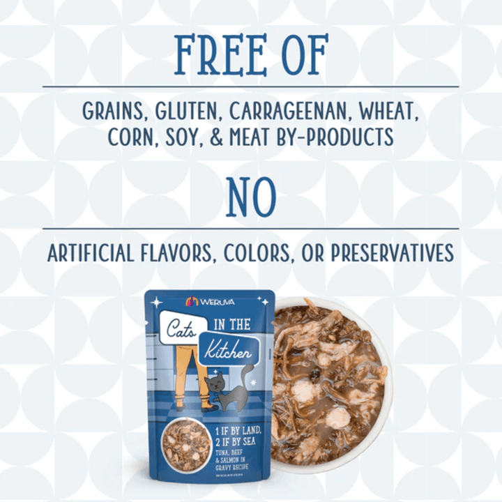 Weruva Wet Cat Food - Cats in the Kitchen 1 If By Land, 2 If By Sea Tuna, Beef & Salmon in Gravy Pouch