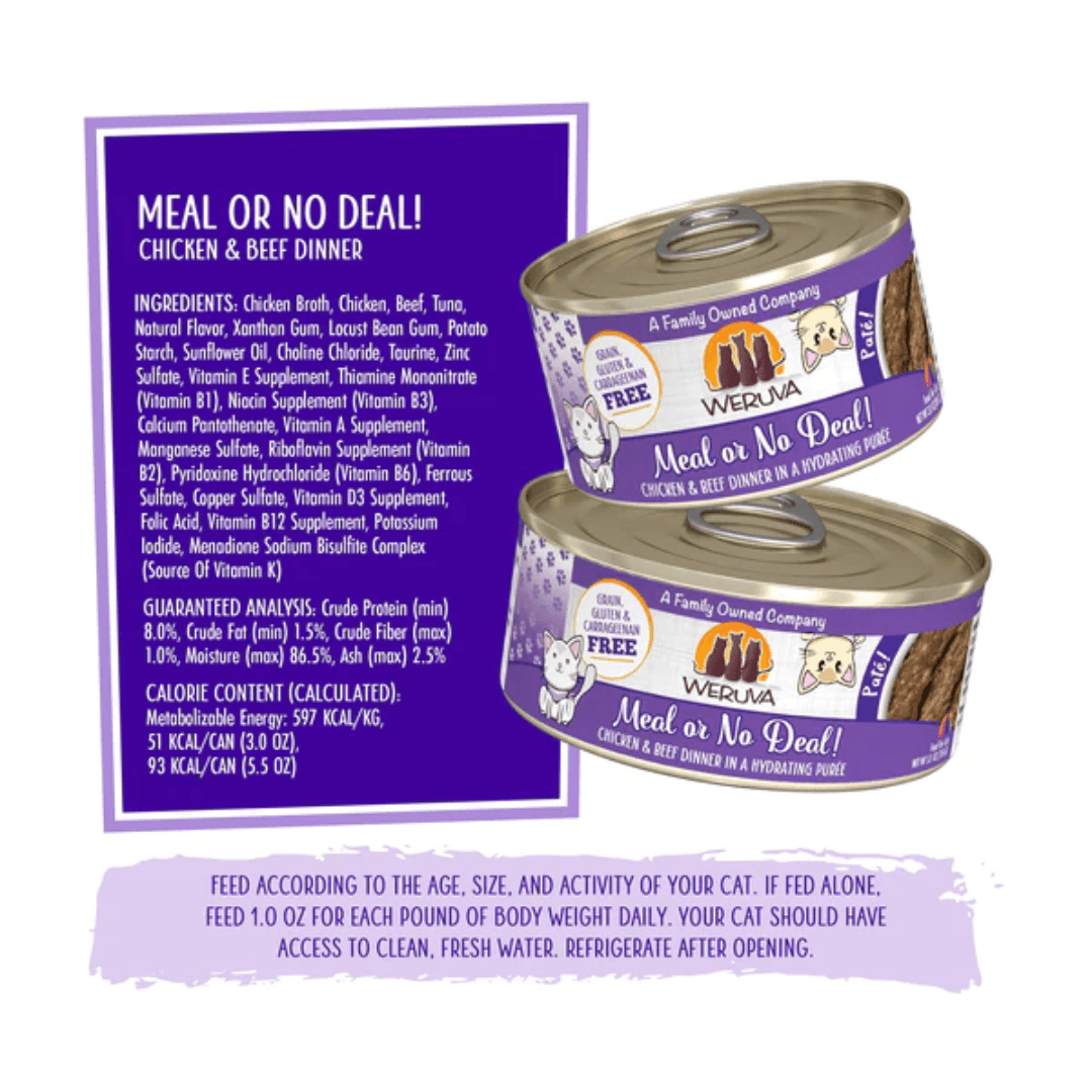 Weruva Wet Cat Food - Weruva Cat Paté  Meal or No Deal! Chicken & Beef Dinner in a Hydrating Purée Canned