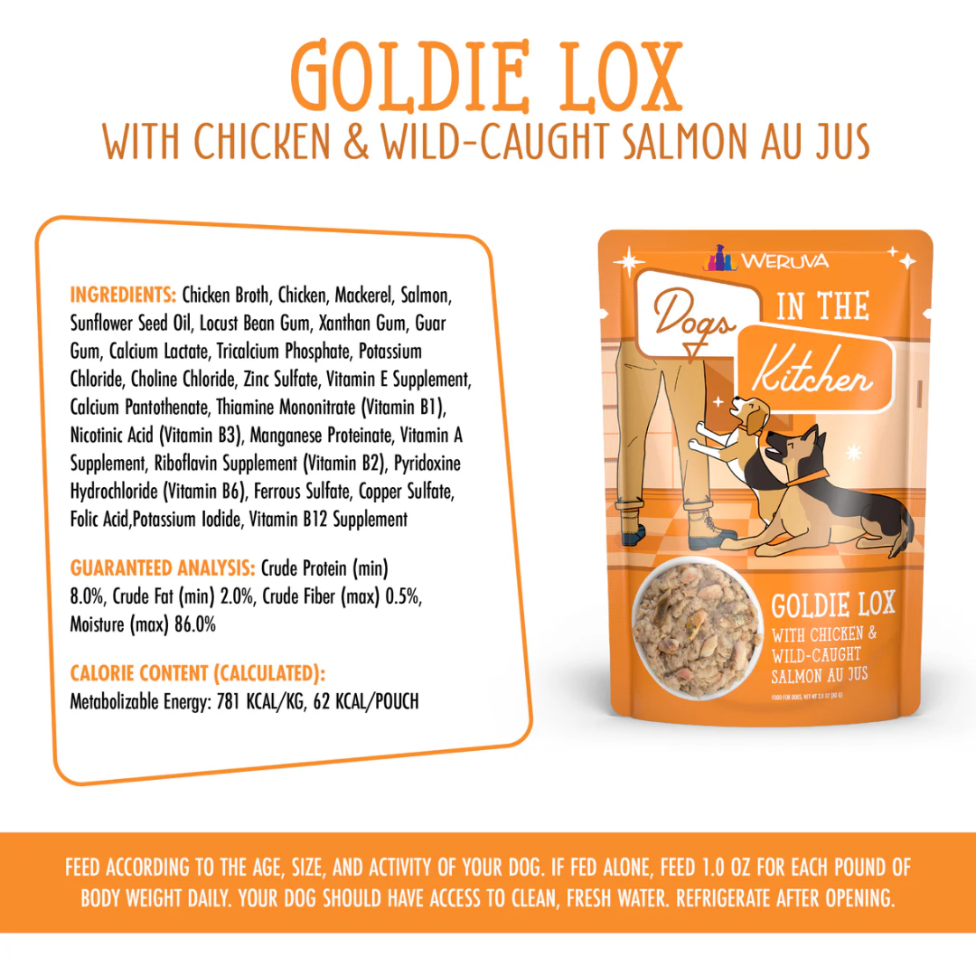 Weruva Wet Dog Food - Dogs in the Kitchen  Goldie Lox Chicken and Salmon Recipe Au Jus Pouch