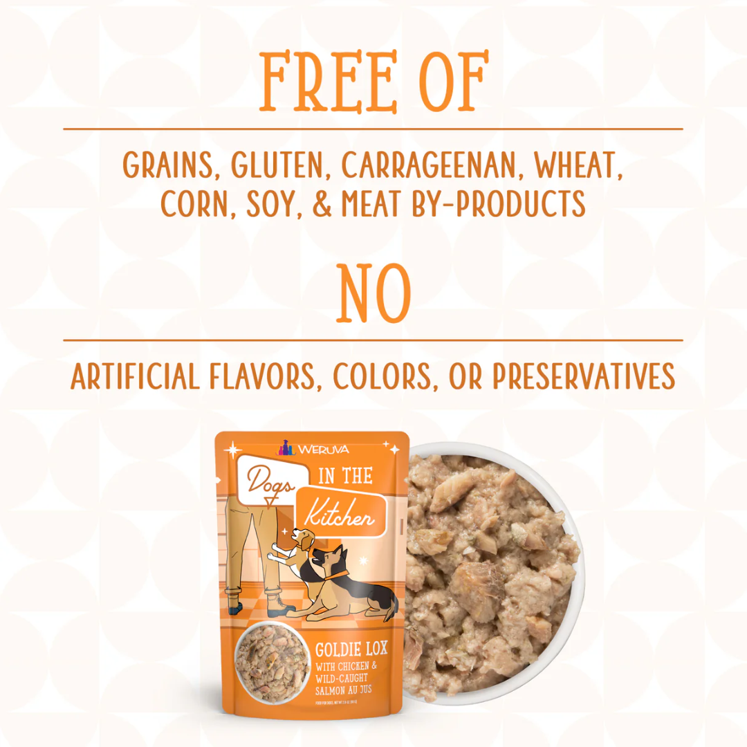 Weruva Wet Dog Food - Dogs in the Kitchen  Goldie Lox Chicken and Salmon Recipe Au Jus Pouch