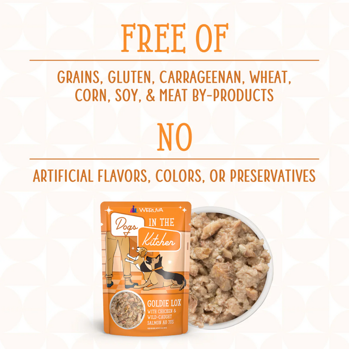 Weruva Wet Dog Food - Dogs in the Kitchen  Goldie Lox Chicken and Salmon Recipe Au Jus Pouch