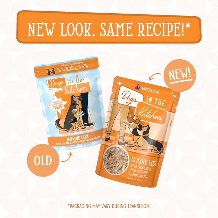 Weruva Wet Dog Food - Dogs in the Kitchen  Goldie Lox Chicken and Salmon Recipe Au Jus Pouch