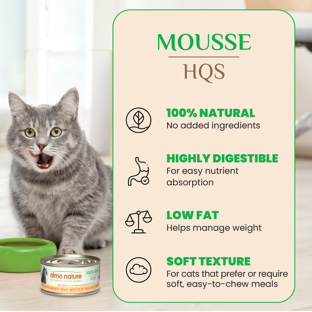Almo Nature Wet Cat Food - HQS Mousse Tuna with Sweet Potatoes Recipe In Gravy Canned