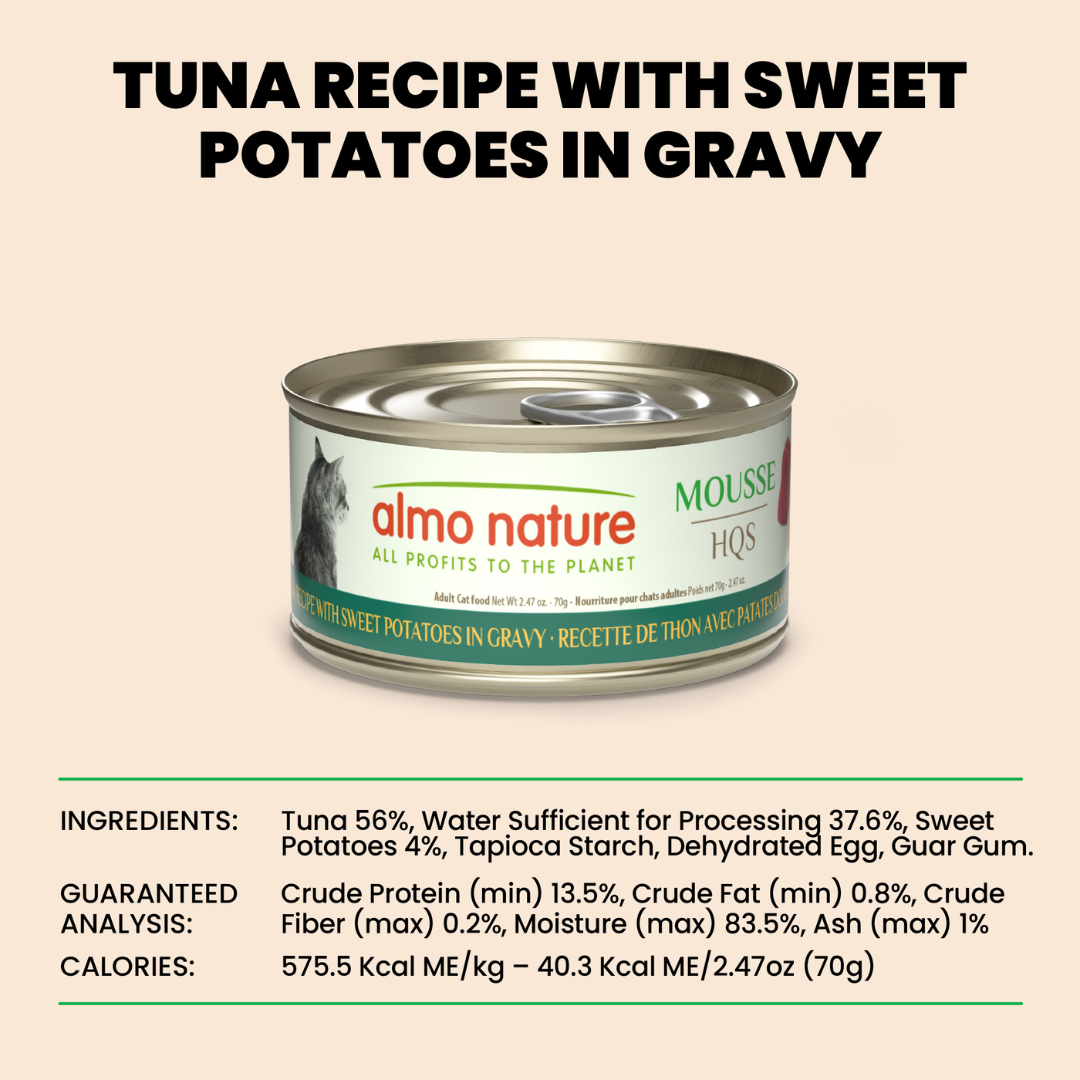 Almo Nature Wet Cat Food - HQS Mousse Tuna with Sweet Potatoes Recipe In Gravy Canned
