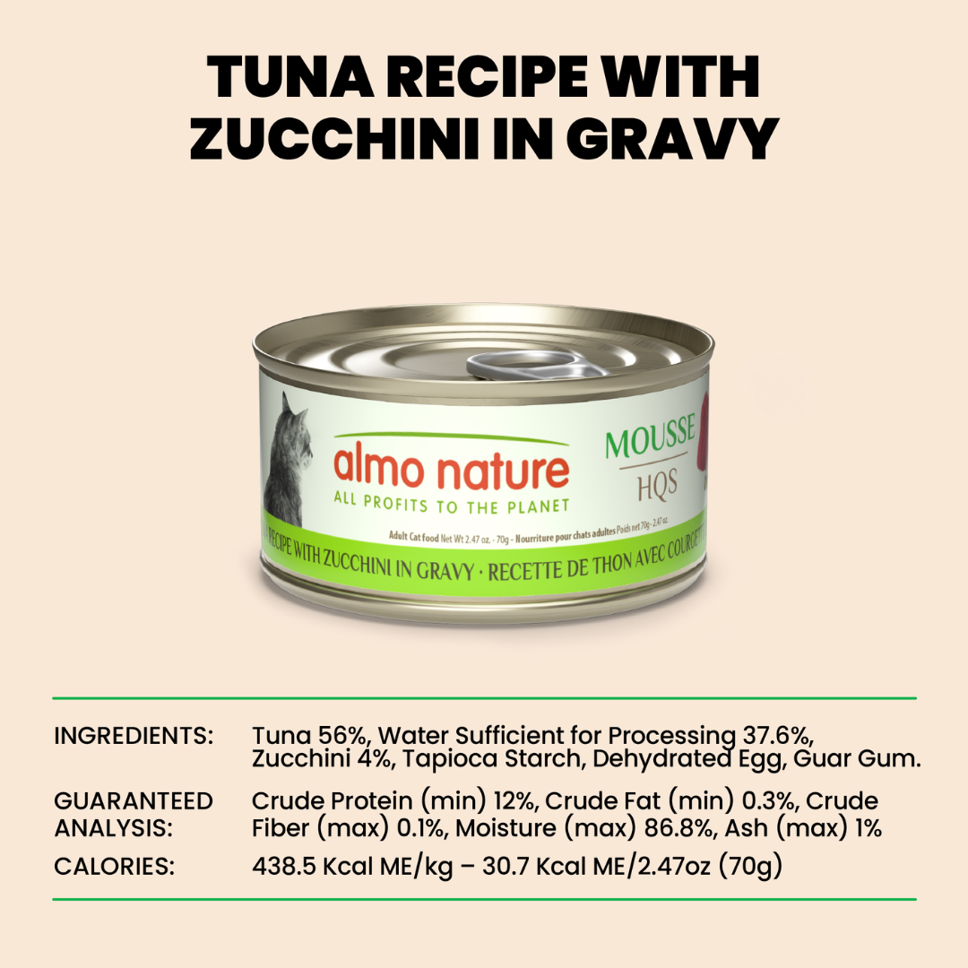 Almo Nature Wet Cat Food - HQS Mousse Tuna with Zucchini Recipe in Gravy Canned