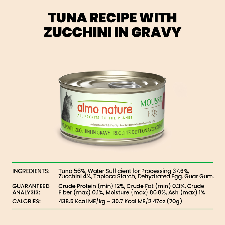 Almo Nature Wet Cat Food - HQS Mousse Tuna with Zucchini Recipe in Gravy Canned