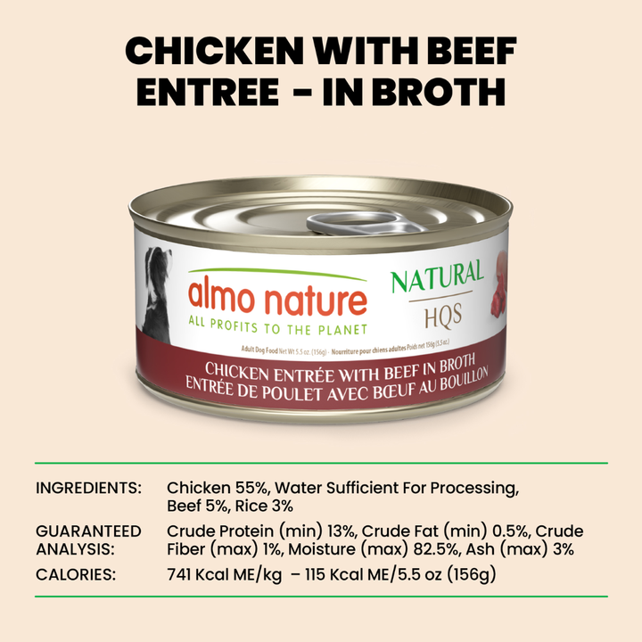 Almo Nature Wet Dog Food - Natural HQS Chicken Entree with Beef in Broth Canned
