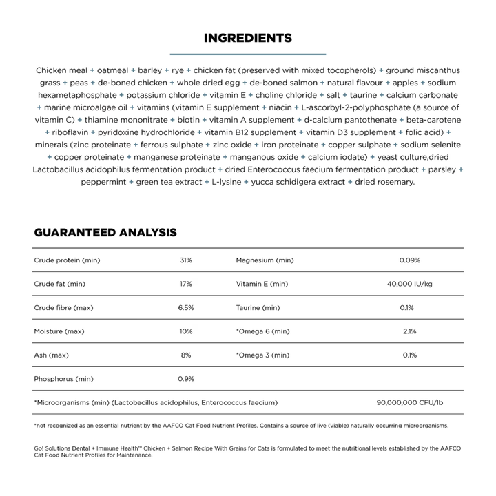 Go! Solutions Dry Cat Food - Dental + Immune Health Chicken Salmon with Grains