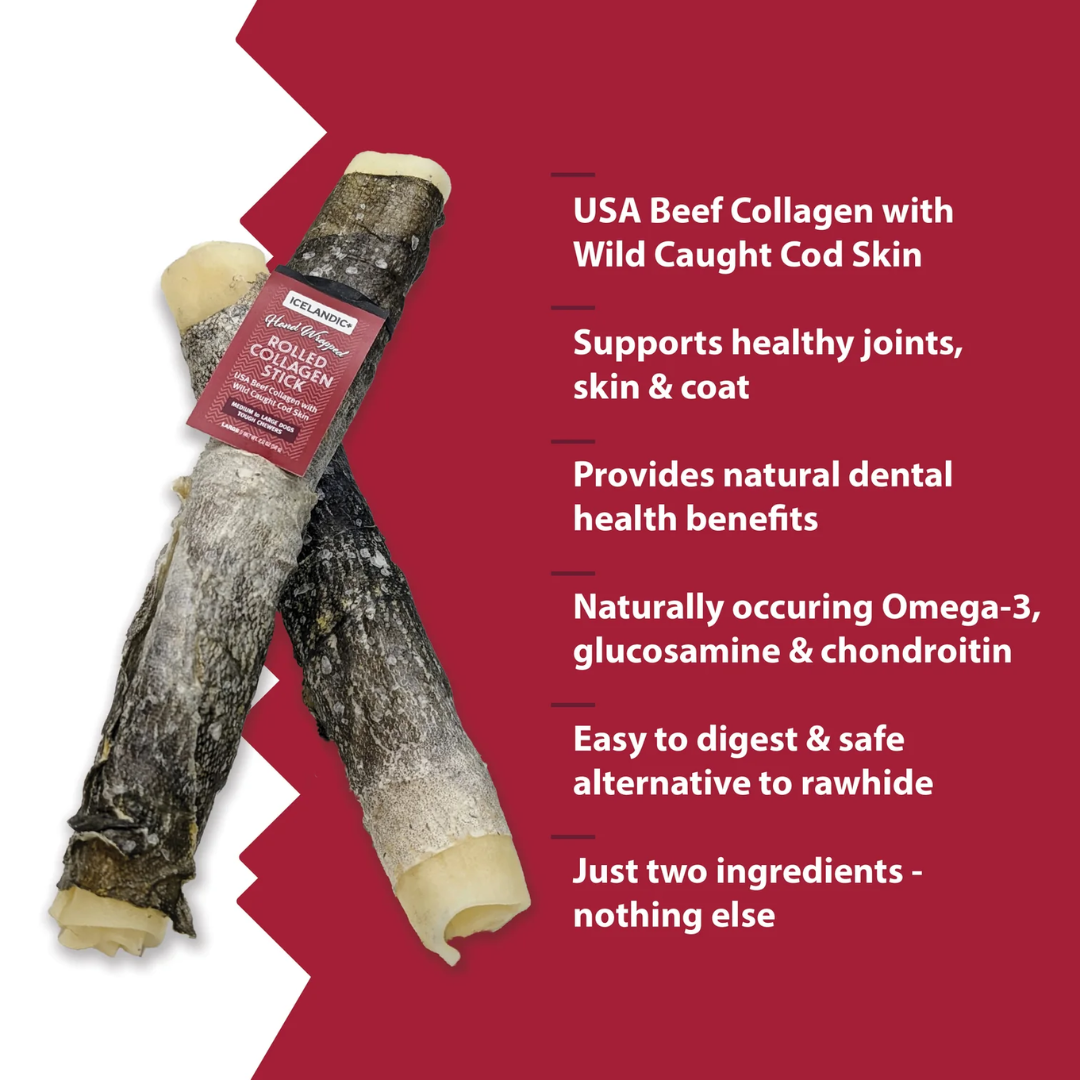 Icelandic+ Dog Treats - Rolled Beef Collagen Wrapped With Cod Skin Chew Stick