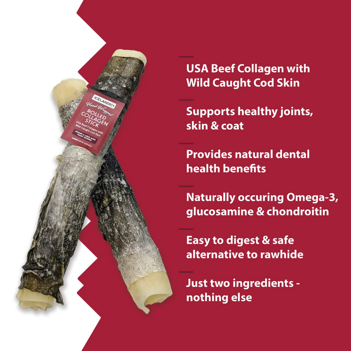 Icelandic+ Dog Treats - Rolled Beef Collagen Wrapped With Cod Skin Chew Stick