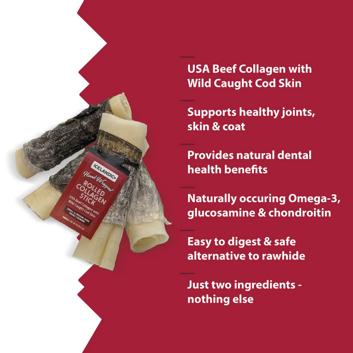 Icelandic+ Dog Treats - Rolled Beef Collagen Wrapped With Cod Skin Chew Stick