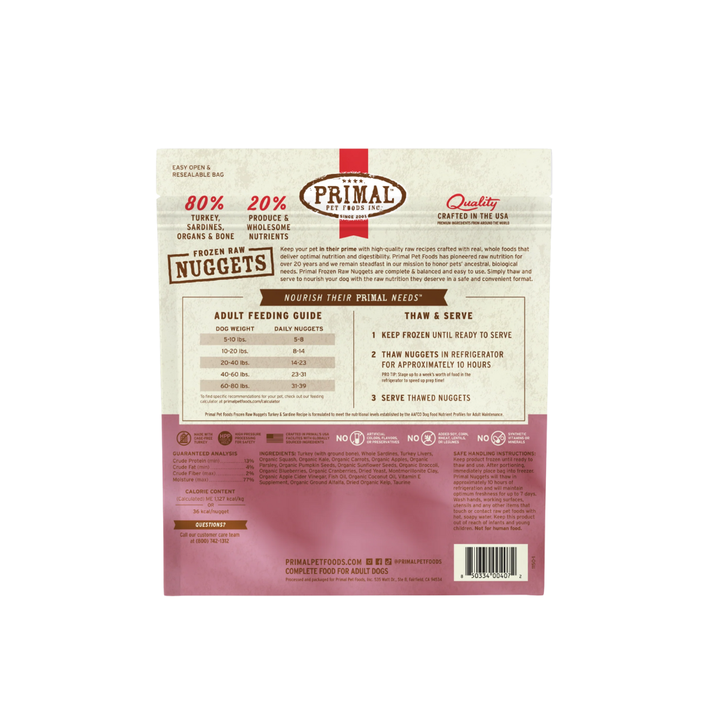 Primal Frozen Dog Food - Raw Nuggets Turkey and Sardine Recipe