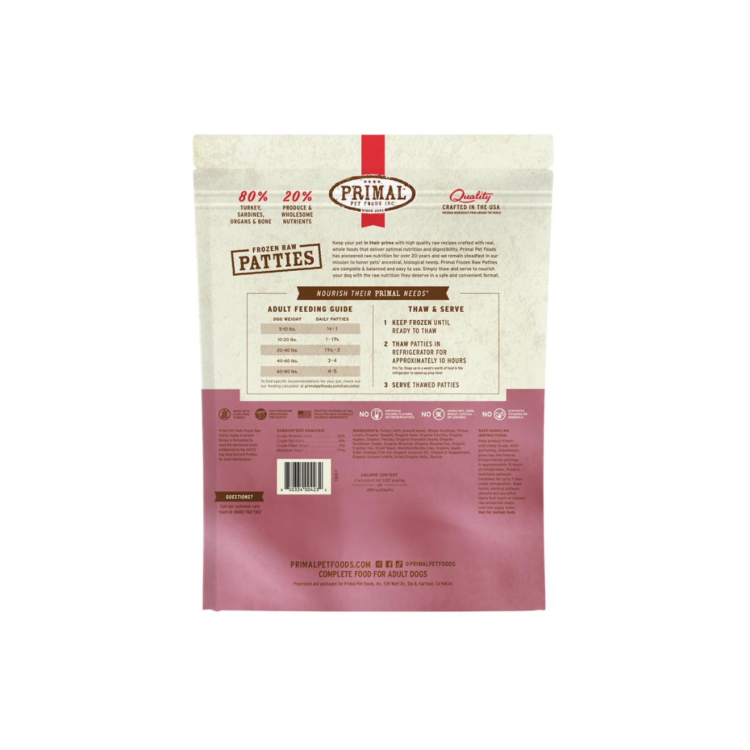 Primal Frozen Dog Food - Raw Patties Turkey & Sardines Recipe