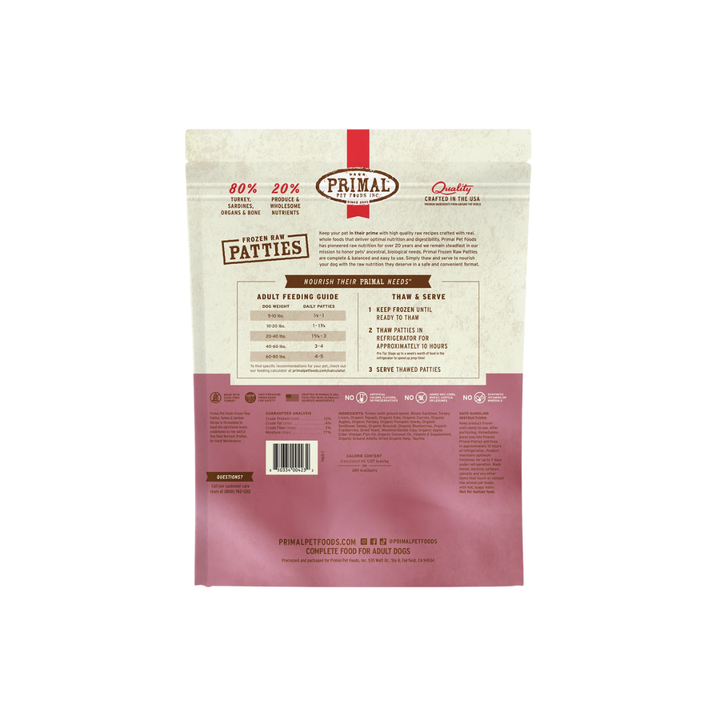 Primal Frozen Dog Food - Raw Patties Turkey & Sardines Recipe