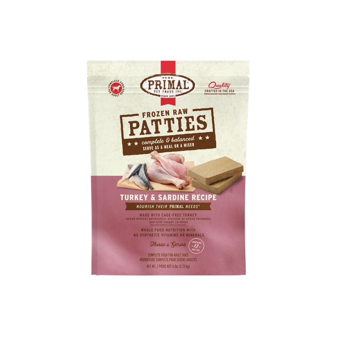 Primal Frozen Dog Food - Raw Patties Turkey & Sardines Recipe