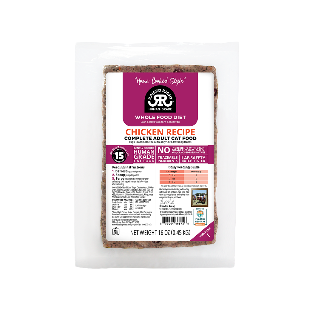 Raised Right Frozen Cat Food - Human Grade Original Chicken Adult