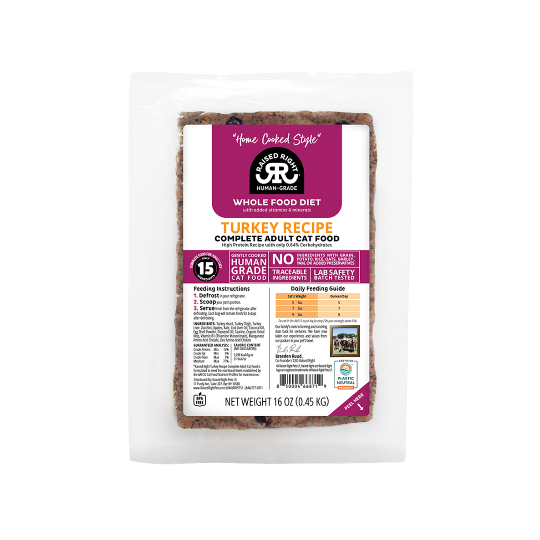 Raised Right Frozen Cat Food - Human Grade Original Turkey Adult