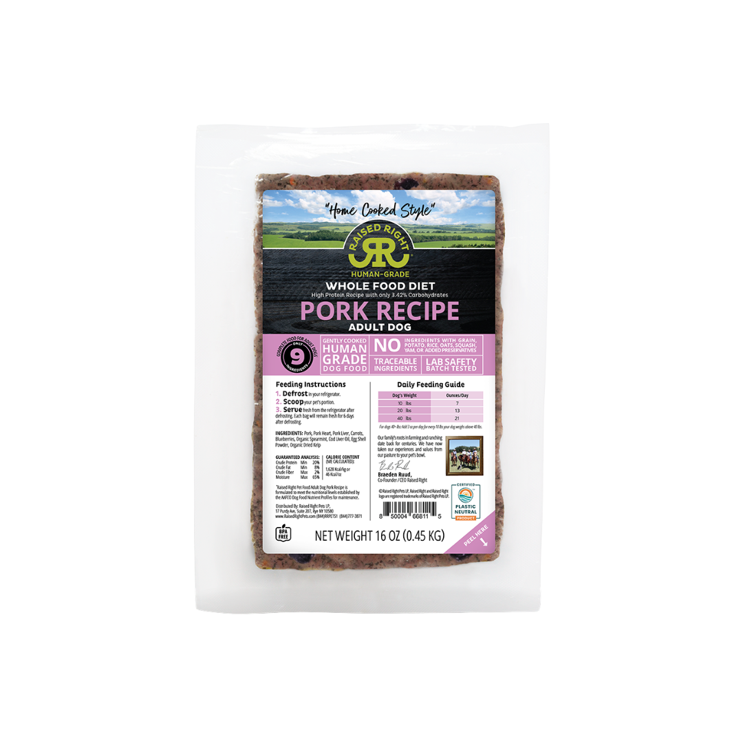 Raised Right Frozen Dog Food - Human Grade Pork Recipe Adult