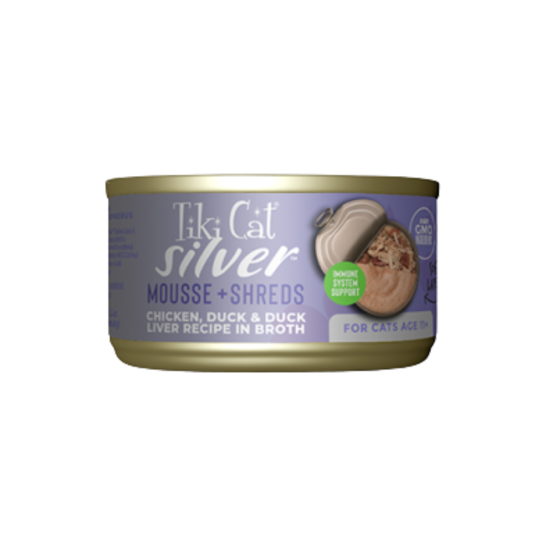 Tiki Cat Wet Cat Food - Silver Mousse + Shreds Chicken, Duck & Duck Liver Recipe in Broth Canned