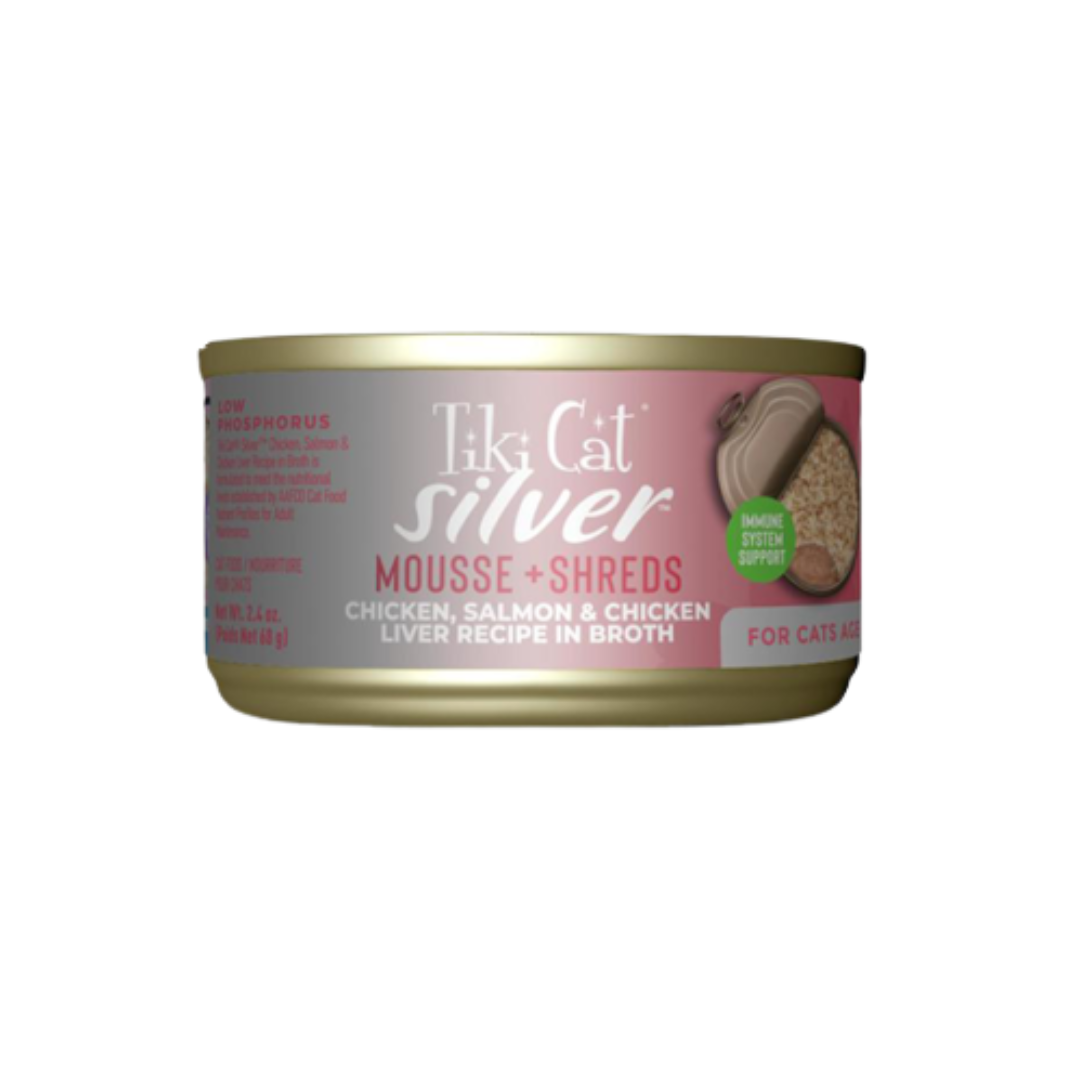 Tiki Cat Wet Cat Food - Silver Mousse + Shreds Chicken, Salmon & Chicken Liver Recipe in Broth Canned