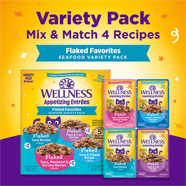 Wellness Wet Cat Food - Appetizing Entrée Flaked Favorites, Seafood Variety Pack