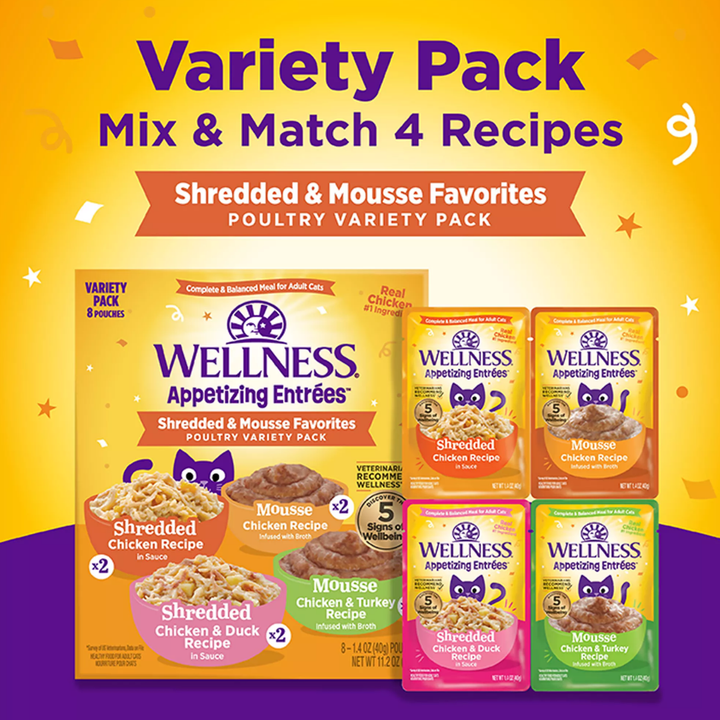 Wellness Wet Cat Food - Appetizing Entrée Shredded & Mousse Favorites, Poultry Variety Pack