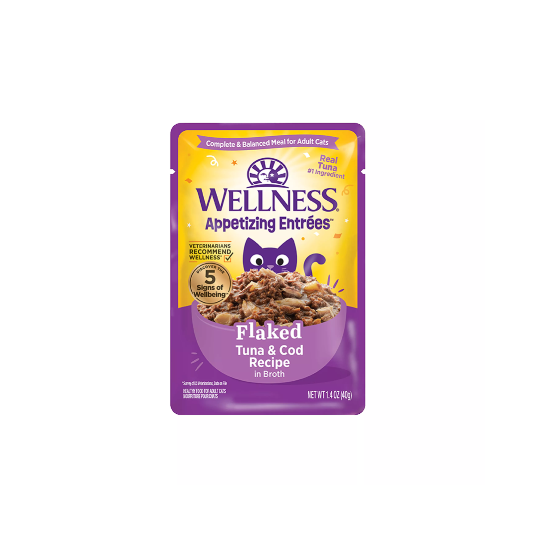 Wellness Wet Cat Food - Appetizing Entrées Flaked Tuna & Cod Recipe in Broth Pouch