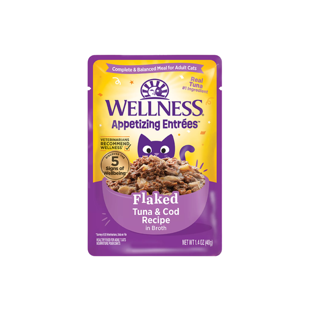 Wellness Wet Cat Food - Appetizing Entrées Flaked Tuna & Cod Recipe in Broth Pouch