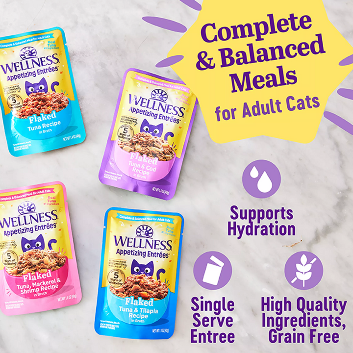 Wellness Wet Cat Food - Appetizing Entrées Flaked Tuna & Cod Recipe in Broth Pouch