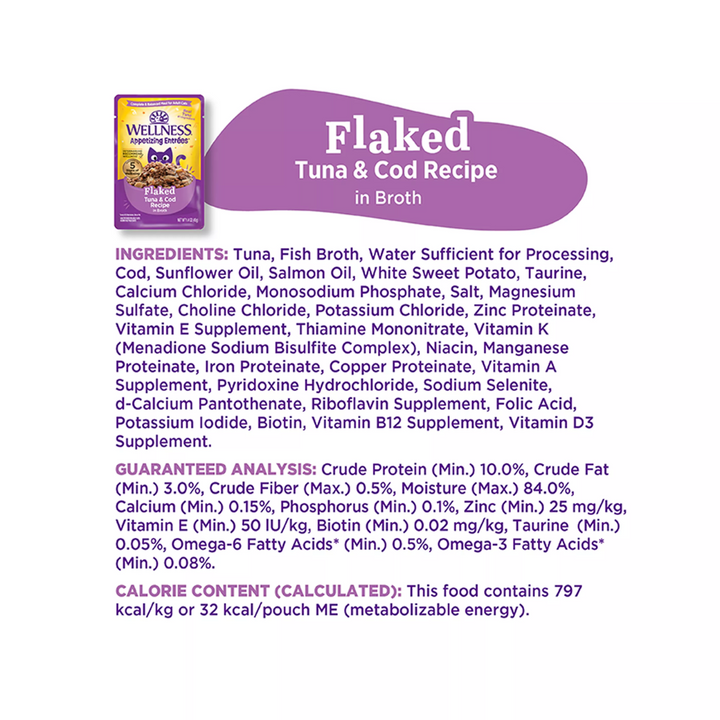 Wellness Wet Cat Food - Appetizing Entrées Flaked Tuna & Cod Recipe in Broth Pouch