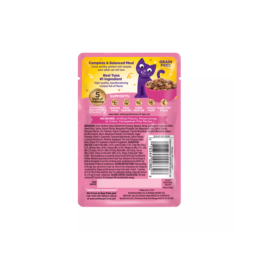 Wellness Wet Cat Food - Appetizing Entrées Flaked Tuna, Mackerel & Shrimp in Broth Pouch