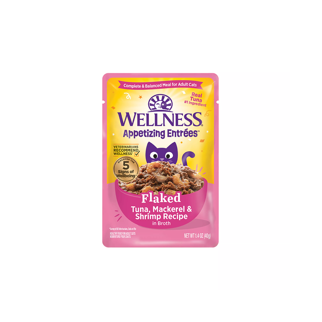 Wellness Wet Cat Food - Appetizing Entrées Flaked Tuna, Mackerel & Shrimp in Broth Pouch
