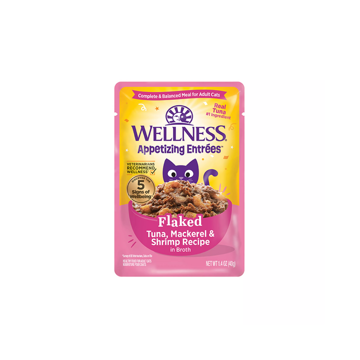 Wellness Wet Cat Food - Appetizing Entrées Flaked Tuna, Mackerel & Shrimp in Broth Pouch
