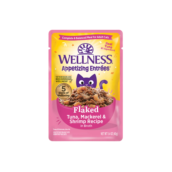 Wellness Wet Cat Food - Appetizing Entrées Flaked Tuna, Mackerel & Shrimp in Broth Pouch