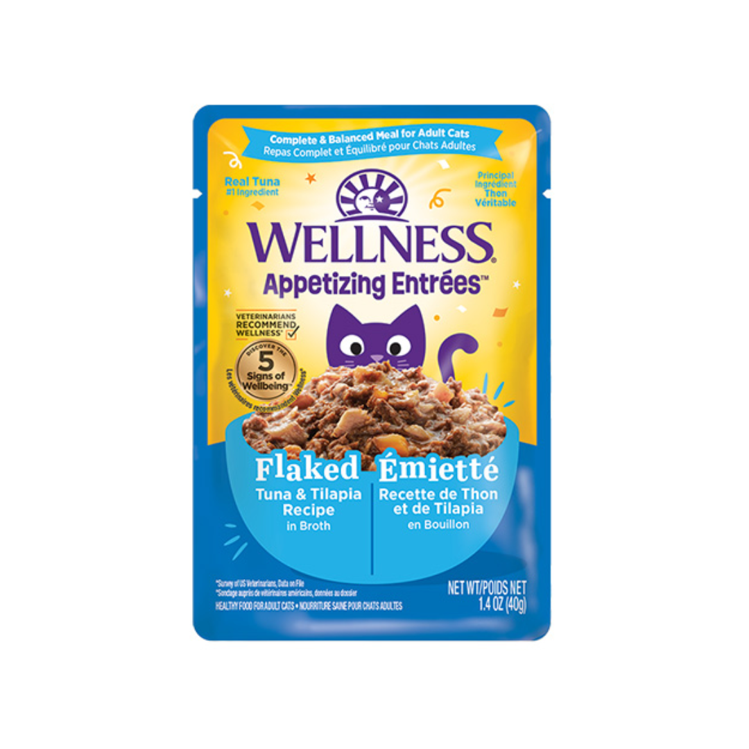 Wellness Wet Cat Food - Appetizing Entrées Flaked Tuna & Tilapia Recipe in Broth Pouch
