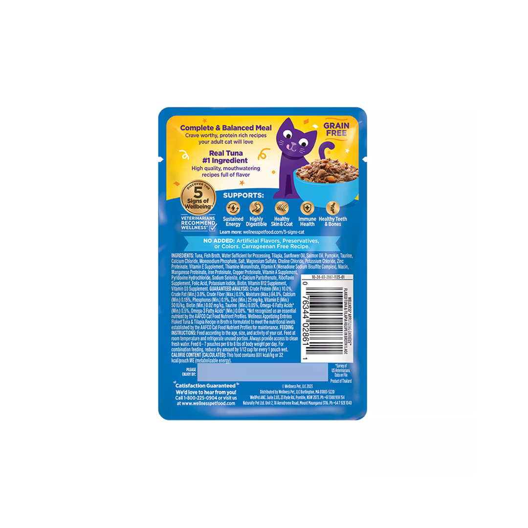 Wellness Wet Cat Food - Appetizing Entrées Flaked Tuna & Tilapia Recipe in Broth Pouch
