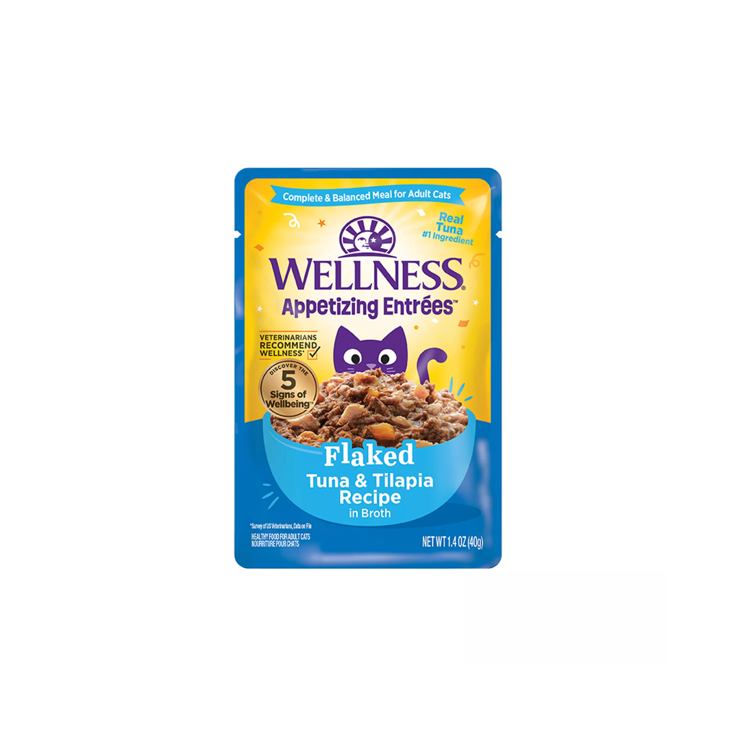 Wellness Wet Cat Food - Appetizing Entrées Flaked Tuna & Tilapia Recipe in Broth Pouch