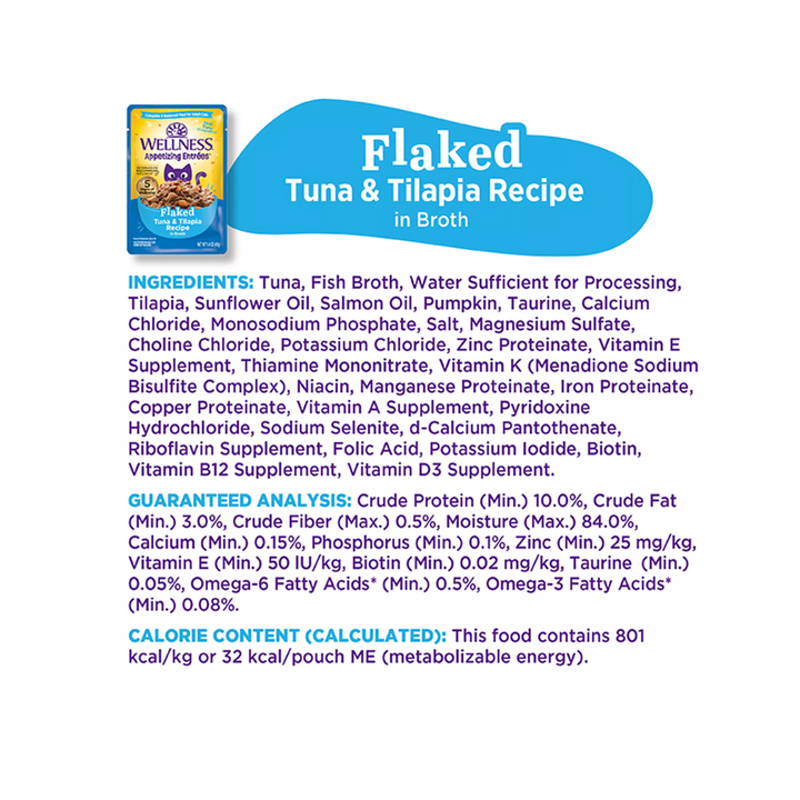 Wellness Wet Cat Food - Appetizing Entrées Flaked Tuna & Tilapia Recipe in Broth Pouch