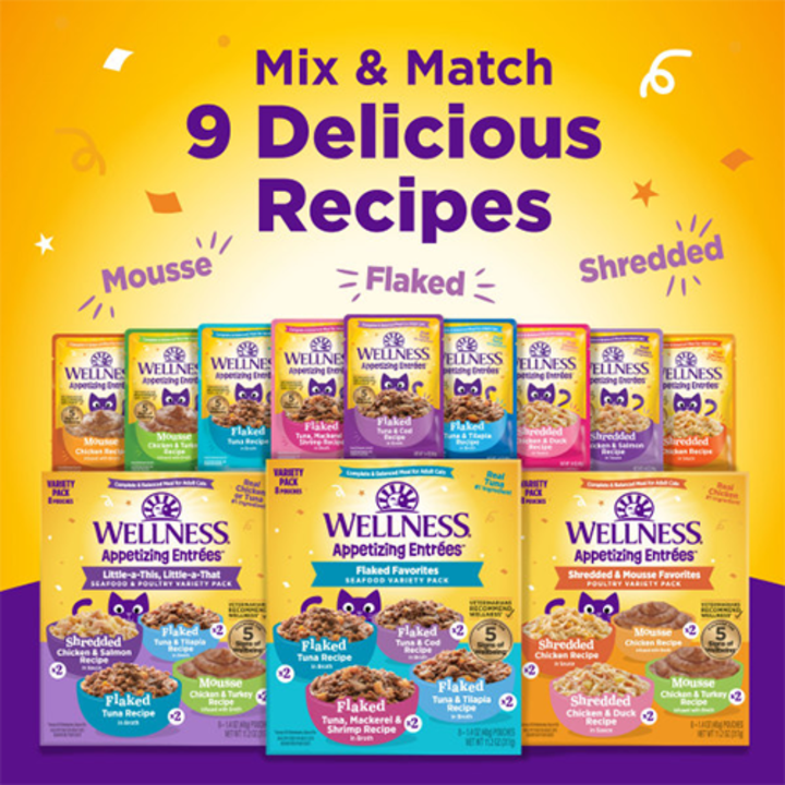 Wellness Wet Cat Food - Appetizing Entrées Flaked Tuna & Tilapia Recipe in Broth Pouch