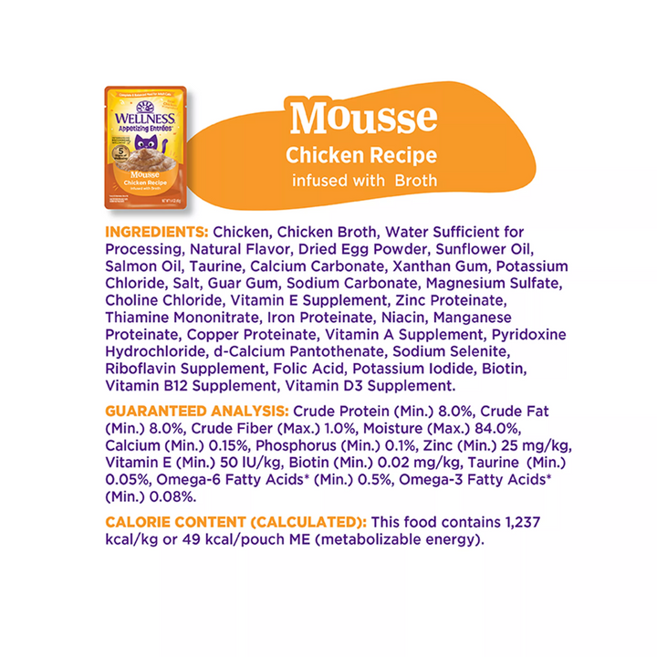 Wellness Wet Cat Food - Appetizing Entrées Mousse Chicken Recipe Infused with Broth Pouch