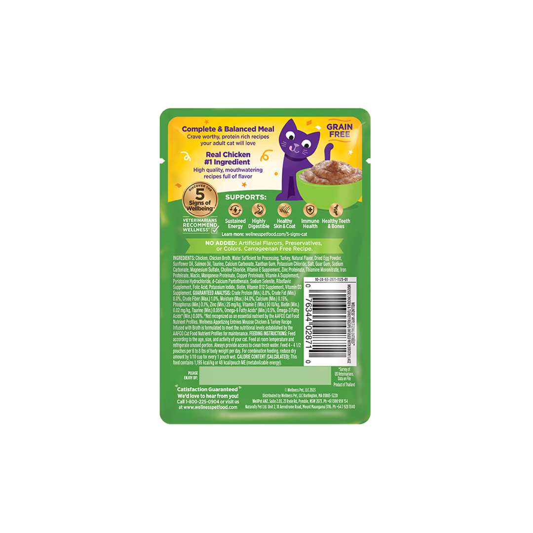 Wellness Wet Cat Food - Appetizing Entrées Mousse Chicken & Turkey Recipe Infused with Broth Pouch