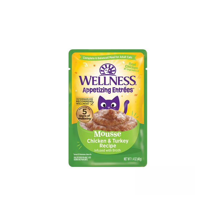 Wellness Wet Cat Food - Appetizing Entrées Mousse Chicken & Turkey Recipe Infused with Broth Pouch
