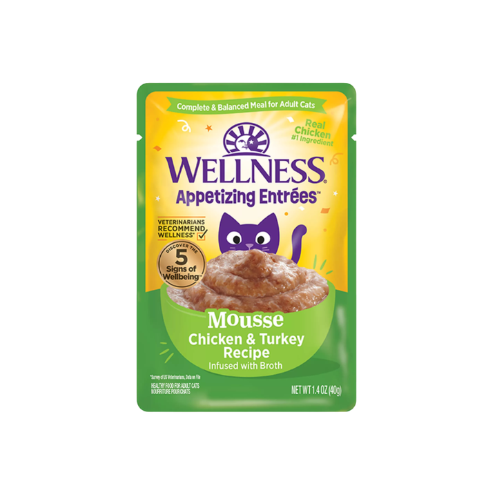 Wellness Wet Cat Food - Appetizing Entrées Mousse Chicken & Turkey Recipe Infused with Broth Pouch
