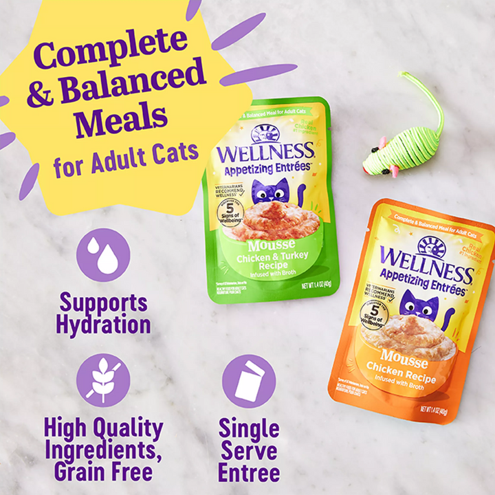 Wellness Wet Cat Food - Appetizing Entrées Mousse Chicken & Turkey Recipe Infused with Broth Pouch