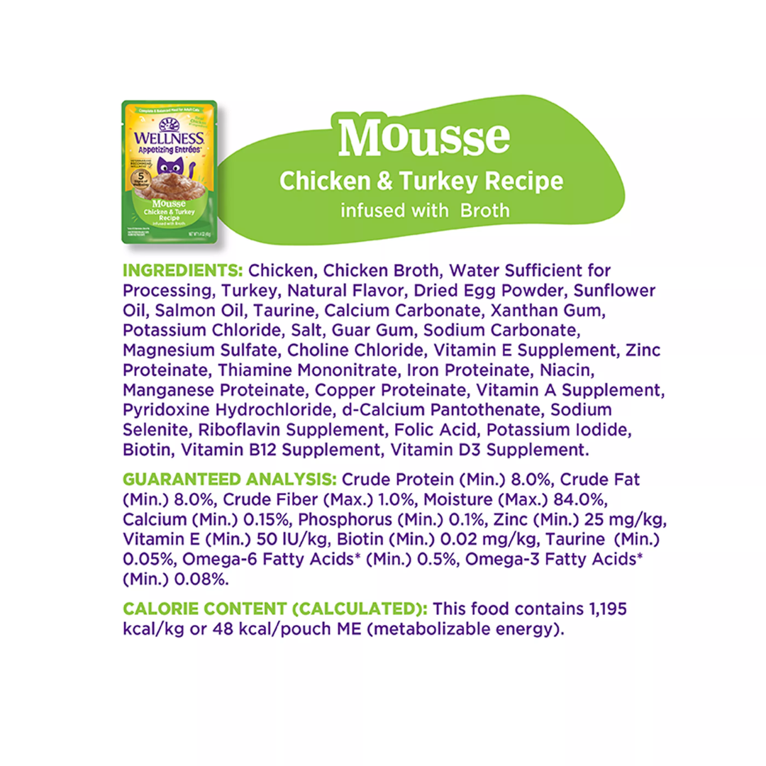 Wellness Wet Cat Food - Appetizing Entrées Mousse Chicken & Turkey Recipe Infused with Broth Pouch