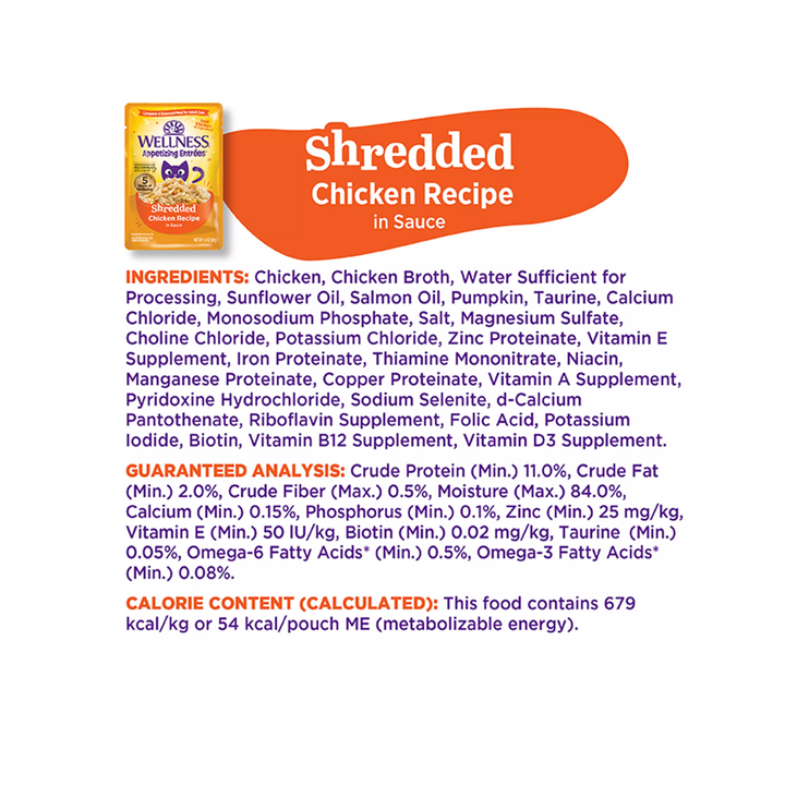 Wellness Wet Cat Food - Appetizing Entrées Shredded Chicken Recipe in Sauce Pouch
