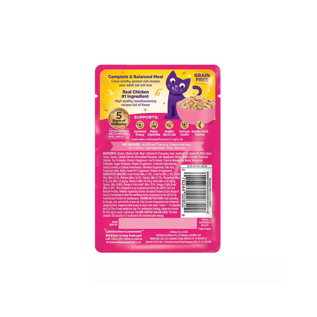 Wellness Wet Cat Food - Appetizing Entrées Shredded Chicken & Duck Recipe in Sauce Pouch