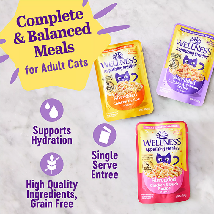 Wellness Wet Cat Food - Appetizing Entrées Shredded Chicken & Duck Recipe in Sauce Pouch