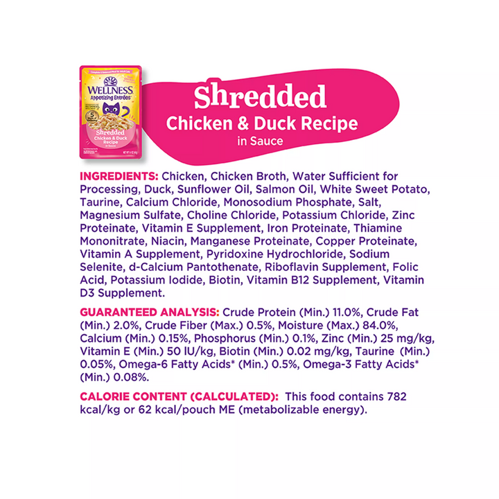 Wellness Wet Cat Food - Appetizing Entrées Shredded Chicken & Duck Recipe in Sauce Pouch